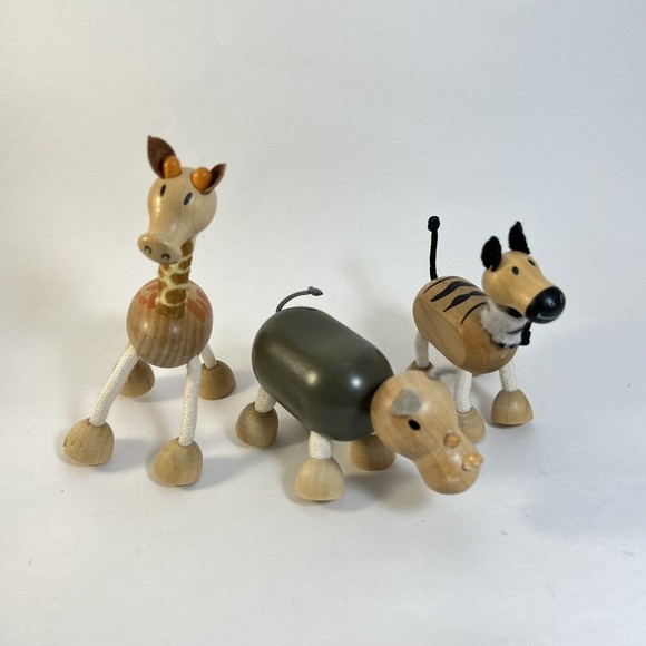 Anamalz Wooden Toy Lot of 3 Hippo Giraffe Camel Poseable Zoo Animals - Picture 1 of 11